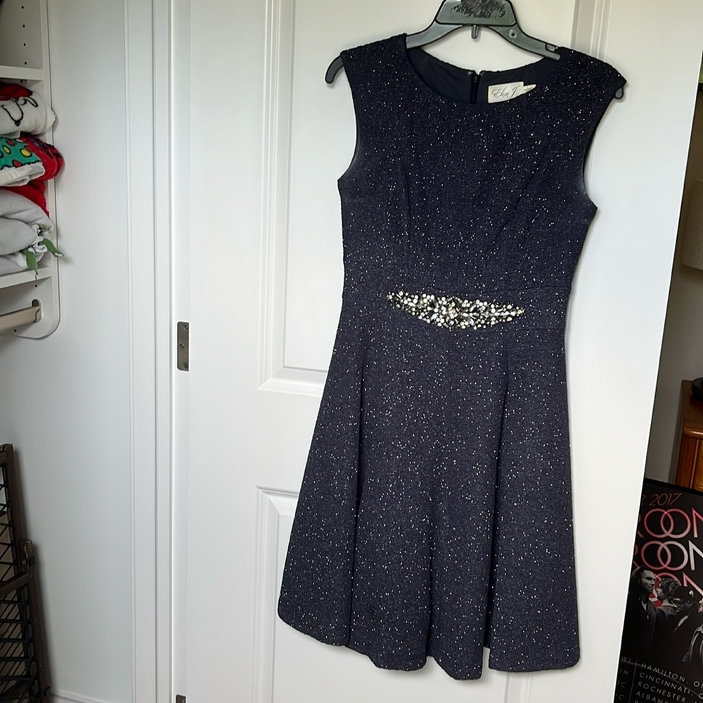 Eliza J Blue Embellished Fit and Flare Sleeveless Dress